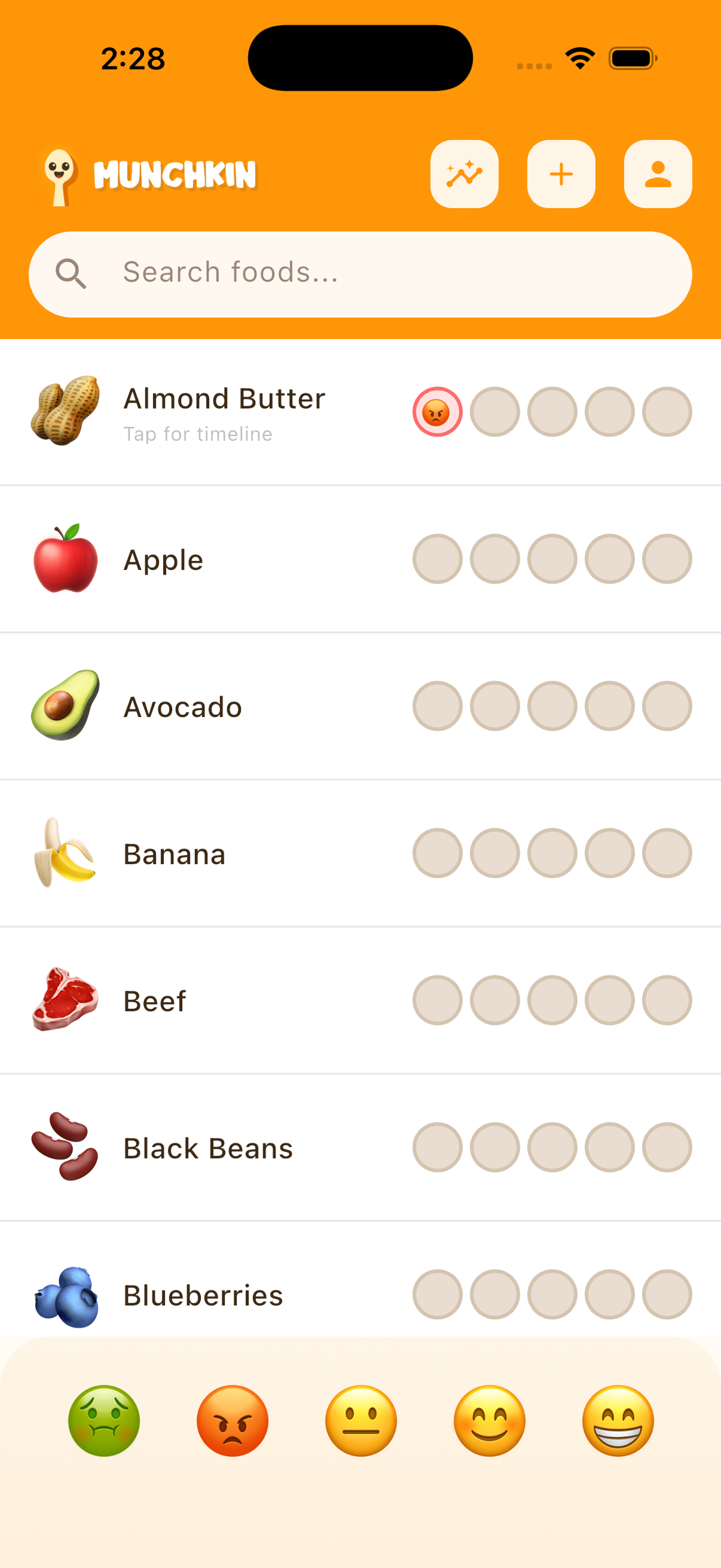 Munchkin food tracking screen